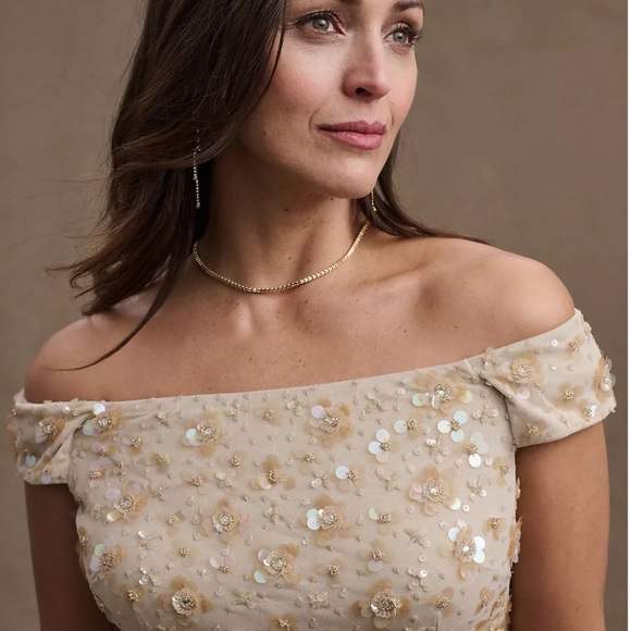 Mother of the Bride dress! BHLDN Rosie Off-Shoulder Beaded Back-Slit Column Gown - Picture 2 of 5